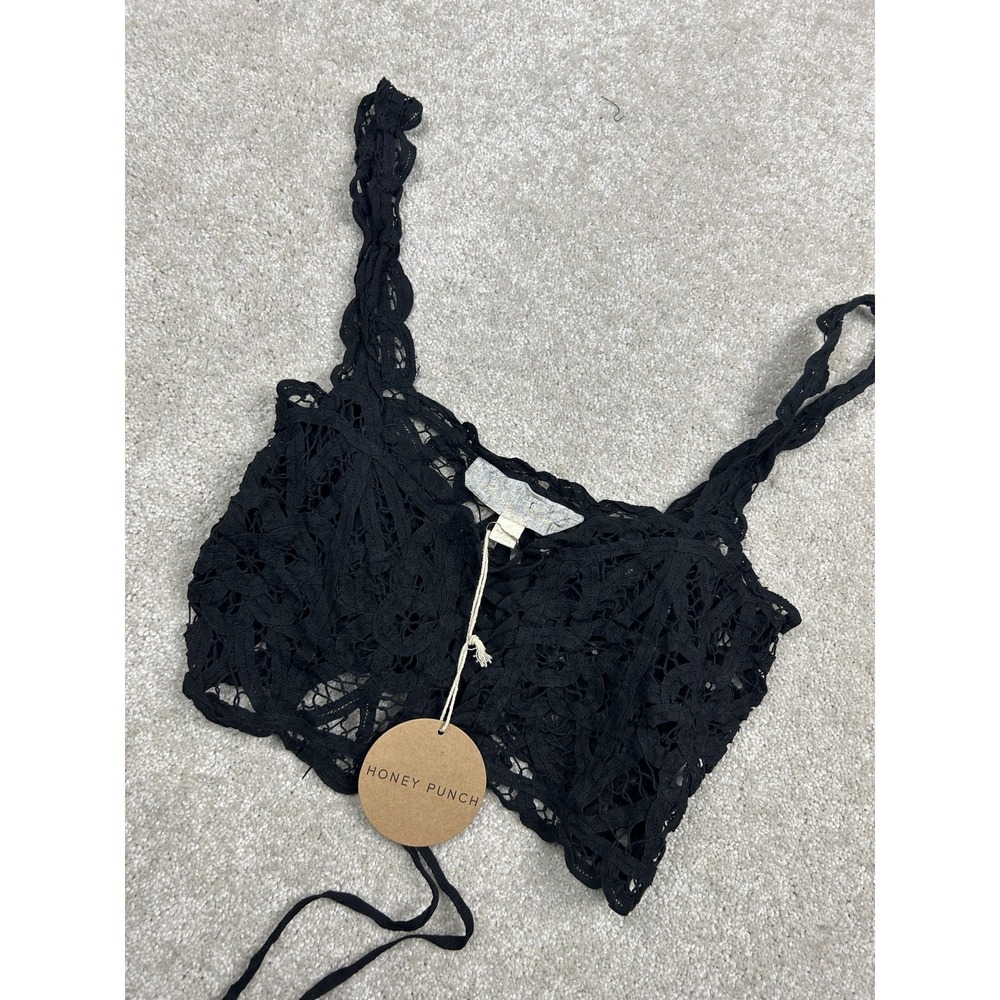 Honey Punch Tank Top Womens Small‎ Black Crochet Floral Square Neck Cropped Boho